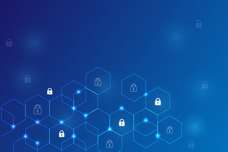 Digital technology cybersecurity concept with padlock and polygon shape on blue gradient background, Vector and Illustrationのイラスト素材