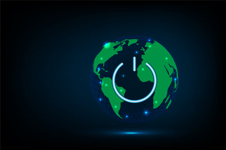 Glowing Earth with a power button symbol at its center, representing global energy, sustainability and digital activation, earth hour concept, vector illustrationのイラスト素材