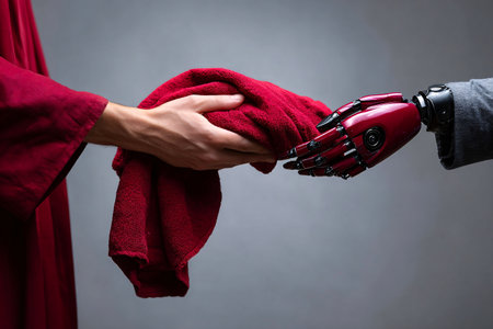 AI robot gives blanket to person. symbolizing futuristic humanitarian aid and supportの素材