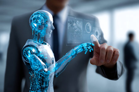 AI and human collaborate via clear screen. merging digital technology and strategic business choicesの素材