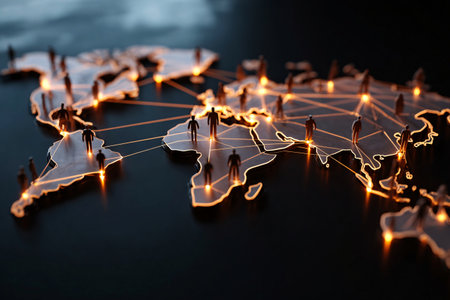 Glowing threads link people on dark map. symbolizing an interconnected world for Population Dayの素材