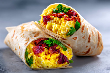 Tempting burrito glows in studio light. set in an industrial corner on pale gray backgroundの素材