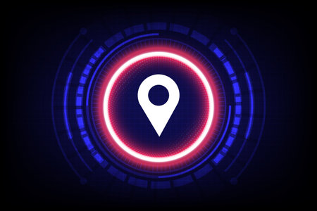 Modern glowing location pin icon on a high-tech digital HUD interface background, symbolizing GPS, navigation and geolocation technology, vector illustrationのイラスト素材