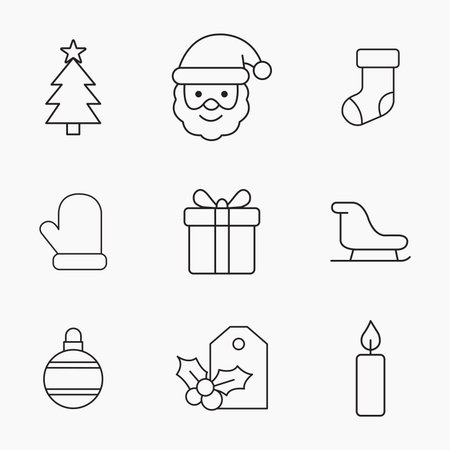 Simple outline icons featuring Christmas symbols like tree, Santa, gifts and decorations, vector illustrationのイラスト素材