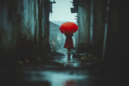 Young girl with red umbrella walking rainy alley, rear view, muddy footprints. misty cinematic moodの素材