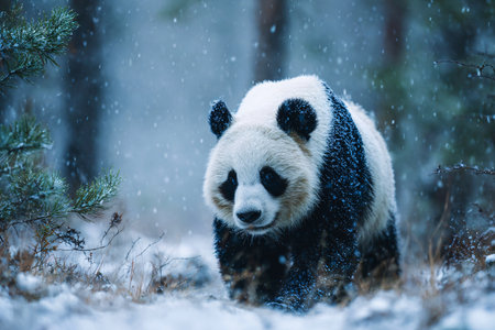 Giant panda strolling through snowy pine forest, side view, slow-motion snow, sun backlightingの素材