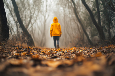 Yellow hoodie boy on woodland trail with fallen leaves, rear view. solitude and mystery in mistの素材