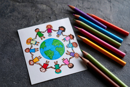 children drawing earth surrounded by people icons, world population day, educational creativityの素材