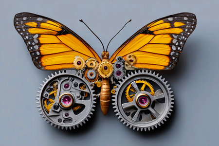 life cycle of a butterfly embedded in clock gears, time and transformation conceptの素材