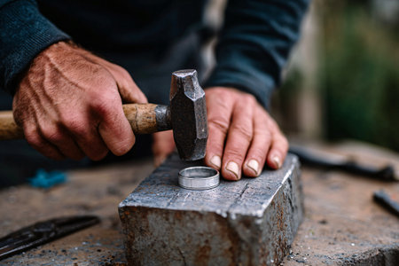 Handmade custom ring formed as artisan hammers initials, on metal atop steel blockの素材