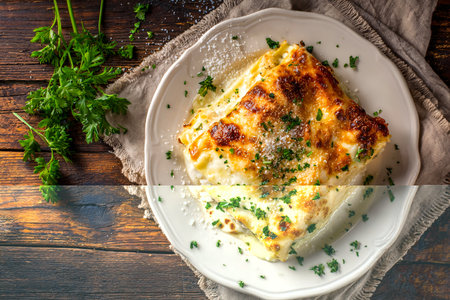 Steaming lasagna on pine wood, sprinkled cheese and herbs. warm Italian cafe vibe with soft lightの素材
