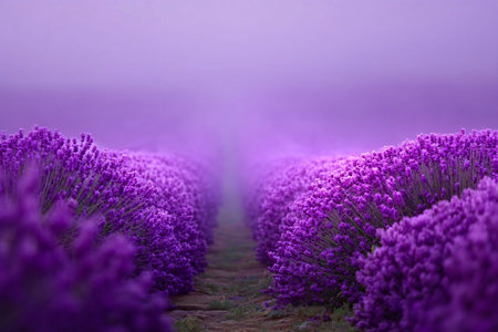 blooming lavender field shrouded in light mist, purple tones. dreamy nature backgroundの素材