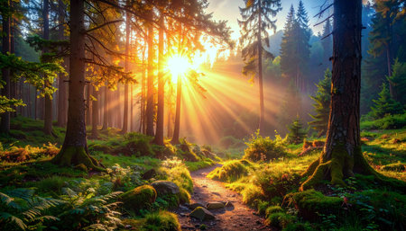 golden sunlight streaming through forest canopy, nature background, warm atmospheric glowの素材