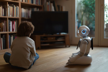 robot assistant helping young autistic boy during teletherapy session, futuristic mental healthの素材
