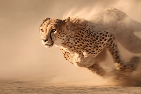 cheetah running across textured sand dunes, dust creating abstract motion patternsの素材