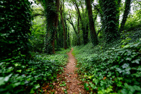 lush green forest path covered in ivy texture, peaceful nature background, forest journey themeの素材