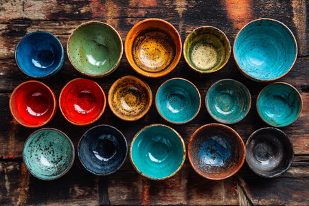 colorful handmade ceramic bowls arranged on rustic wooden table, traditional pottery, artisan kitchenware, overhead viewの素材