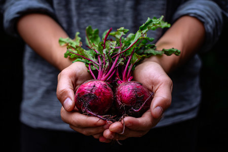 hand holding a radiant beetroot in dark moody lighting, organic vegetable dramaの素材