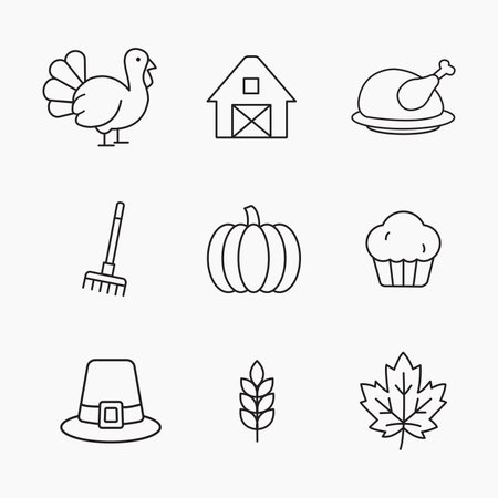 Collection of simple outline icons featuring Thanksgiving elements such as turkey, pumpkin, leaf and more, vector illustrationのイラスト素材