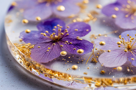 handmade resin art with dried flowers, close up of glossy detail, natural and modern decorの素材