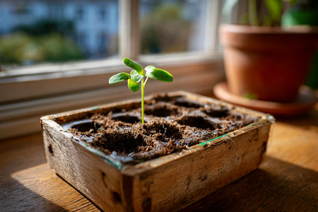 Sunlit Seed Tray with Young Sprout Growing from Compostの素材