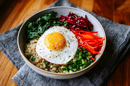 wholesome grain bowls with ancient grains and vibrant toppings, food diversity conceptの素材