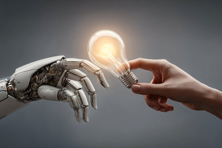 robotic hand and human hand holding light bulb together, human ai collaboration, ideation conceptの素材
