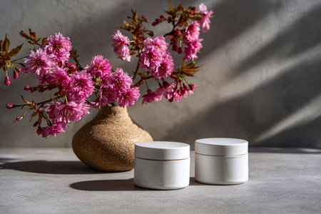 Minimalist Scene with White Cream Jars and Delicate Blossomsの素材
