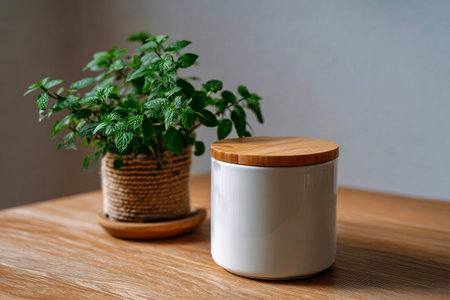 White Ceramic Jar with Wooden Lid and Green Plant Sitting on White Tableの素材