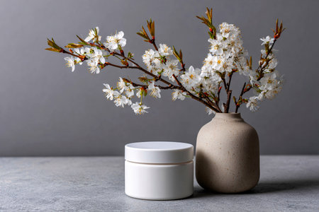 Cosmetic Cream Containers and Flowers in a Clean, Minimalist Setupの素材