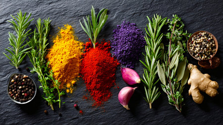 Colorful Herbs and Spices Displayed in Flat Lay over Dark Surfaceの素材