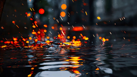 Dark Abstract Water Reflection Featuring Orange Lights and Rainの素材