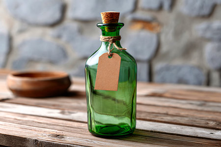 Vintage glass bottle with cork and blank label placed on a wooden surfaceの素材