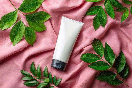 White Cleanser Tube on Silky Fabric with Green Leaves and Light Pink Backgroundの素材