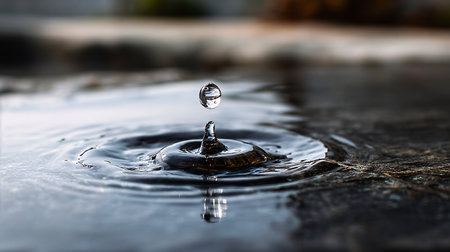 Droplet of water hitting a dark, shiny reflective surfaceの素材