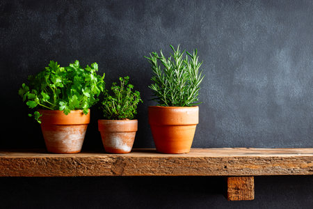 Wooden Shelf Holding Three Potted Herbs Against Dark Backdropの素材