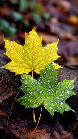 Maple leaves mottled with dew drops lying on the forest floorの素材