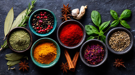 Dark Background Featuring Flat Lay of Vibrant Spices and Herbsの素材
