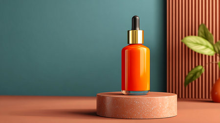 Orange dropper bottle for cosmetics placed on a pastel-colored pedestalの素材