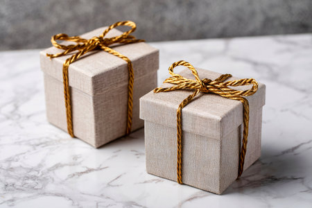 Beige Gift Boxes Wrapped in Gold Twine on White Marble Backgroundの素材