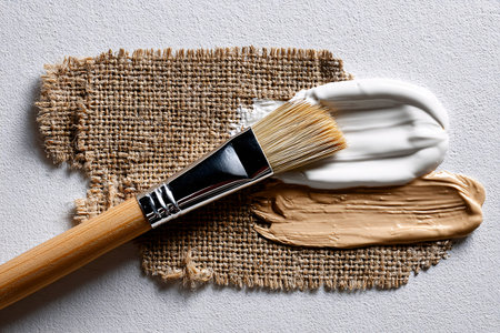 Cosmetic cream in white and beige tones with brush on textured backgroundの素材