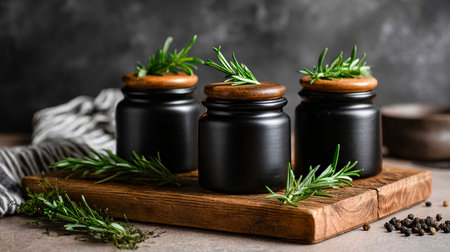 Three black jars of spices with rosemary on a wooden boardの素材