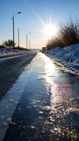Icy road surface shining brightly under the low winter sunの素材