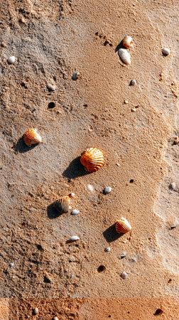 Small seashells scattered on beige sand with beach textureの素材