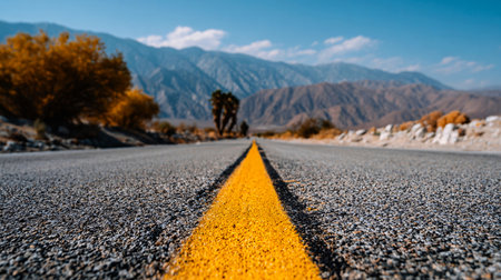 Single cactus stands by a desert road marked with a yellow center lineの素材
