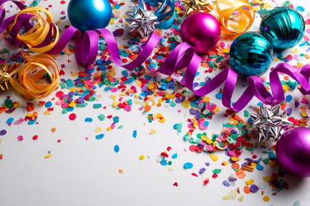 New Year Eve corner border with colorful confetti and decorations on white backgroundの素材