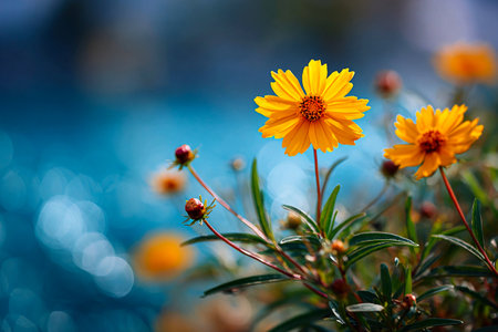 Yellow Coreopsis blooms glow in sunlight with a blurred blue bokeh backdropの素材