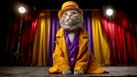 A comic cat on stage in costume, spotlighted with laughs and colorful, absurd pet humorの素材