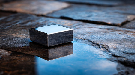 Silver metal block with reflective surface placed on a textured backgroundの素材