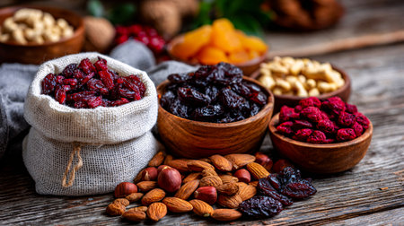 Nuts and dried fruits randomly placed on a textured wooden surfaceの素材